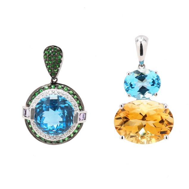 two-white-gold-and-multi-gem-set-pendants