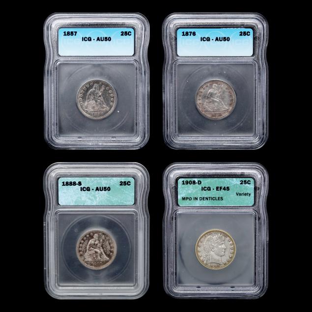 three-3-liberty-seated-quarters-and-a-barber-quarter