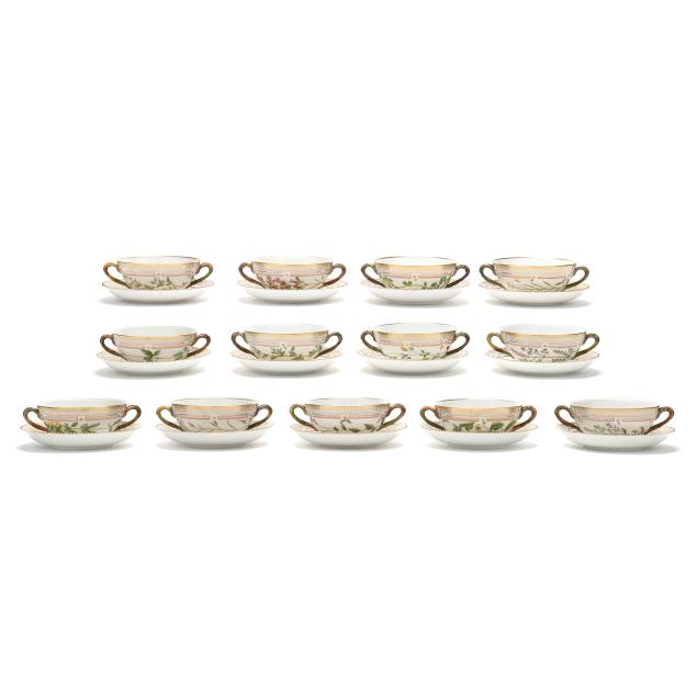 royal-copenhagen-set-of-13-i-flora-danica-i-porcelain-cream-soup-bowls-with-saucers