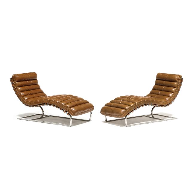 pair-of-modern-steel-and-leather-chaise-lounges