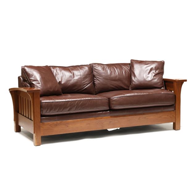 stickley-mission-style-cherry-and-leather-sofa
