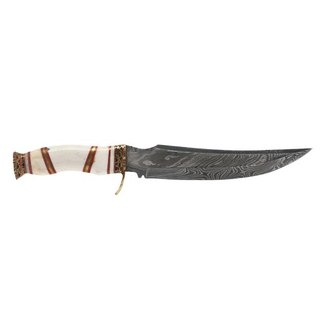 damascus-bowie-knife-with-bone-handle-and-leather-sheath