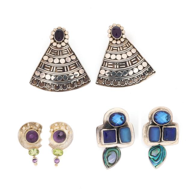 three-pairs-of-silver-and-gem-set-earrings