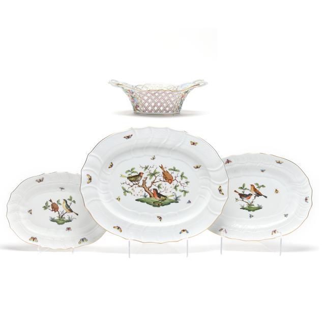 herend-three-i-rothschild-bird-i-porcelain-platters-and-a-basket