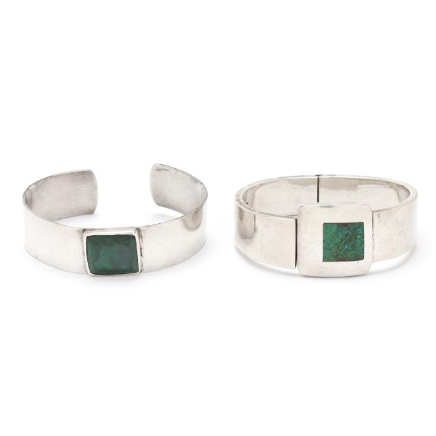 two-silver-and-hardstone-bangle-bracelets