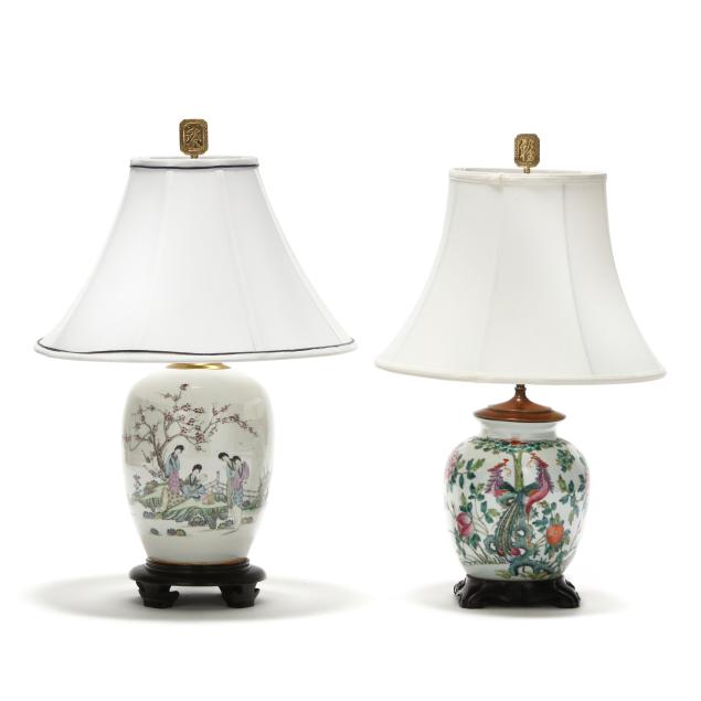 two-chinese-porcelain-famille-rose-ginger-jar-lamps