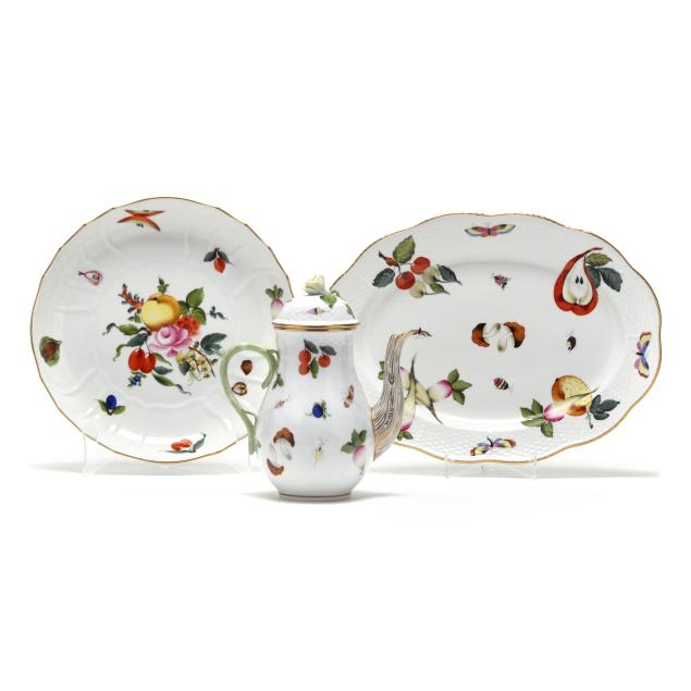 herend-i-fruits-flowers-i-porcelain-coffee-pot-and-two-serving-platters