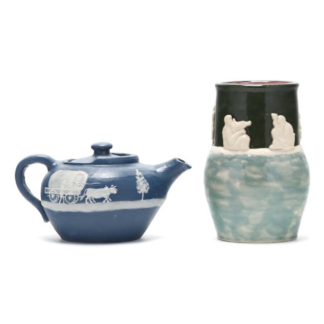 pisgah-forest-pottery-nc-1921-1962-cameo-decorated-vase-and-teapot