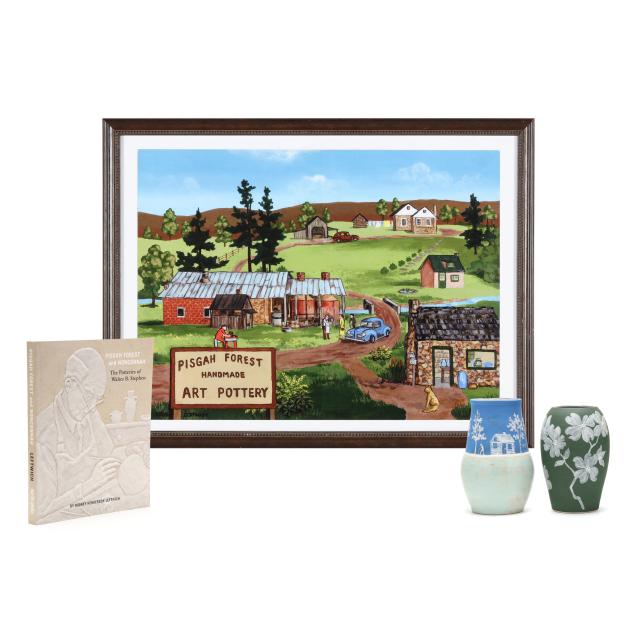 rodney-leftwich-for-pisgah-forest-pottery-two-cameo-vases-with-signed-text-and-poster