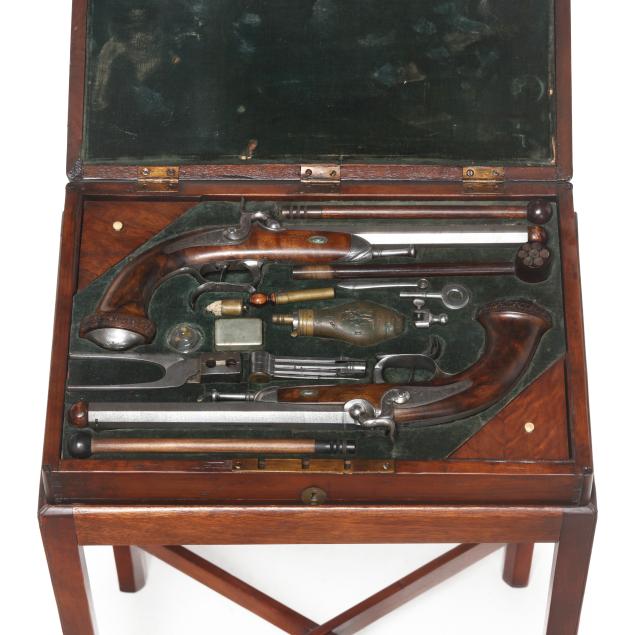 thomson-into-london-matched-pair-dueling-pistols-w-accessories-in-case-presentation-stand