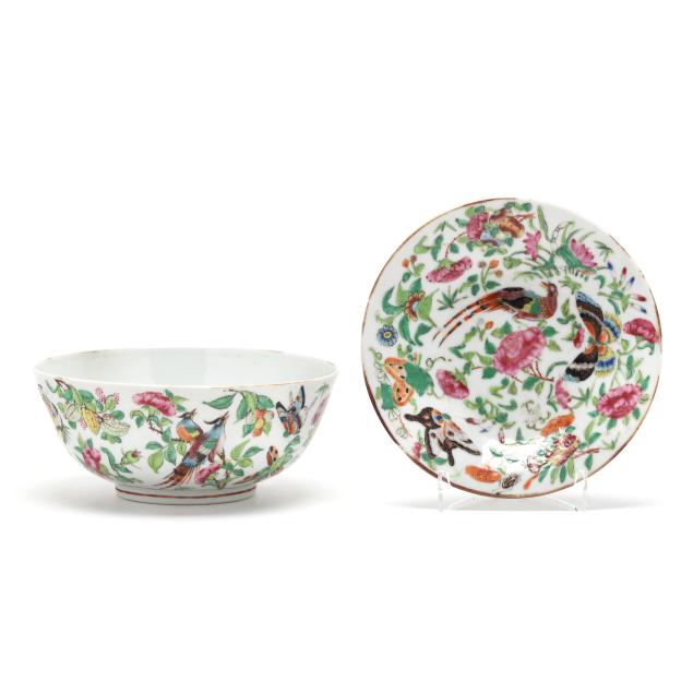 a-chinese-famille-rose-export-porcelain-bowl-and-underplate-chinese-famille-rose-bowl-and-saucer-with-birds-and-butterflies