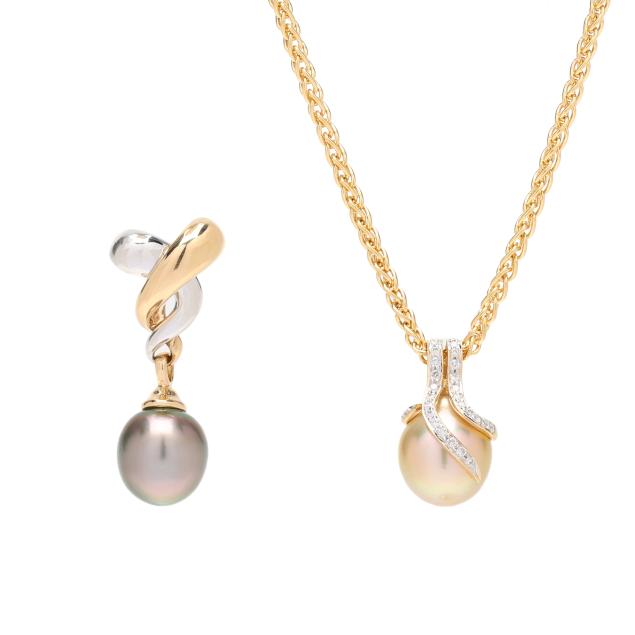 a-gold-diamond-and-south-sea-pearl-pendant-necklace-and-a-bi-color-gold-and-tahitian-pearl-slide-pendant