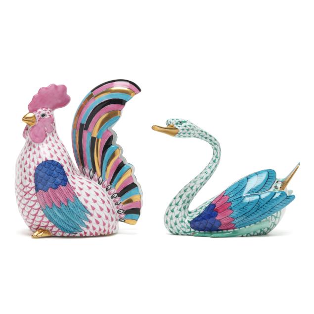 herend-a-fishnet-porcelain-rooster-and-swan