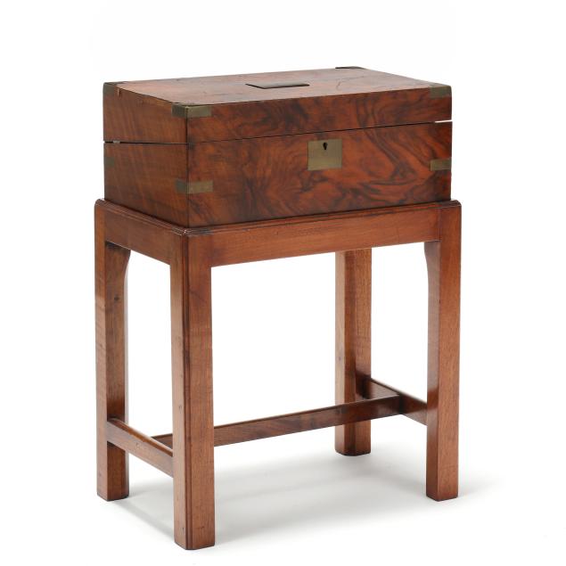 antique-english-burl-wood-campaign-lap-desk-on-stand