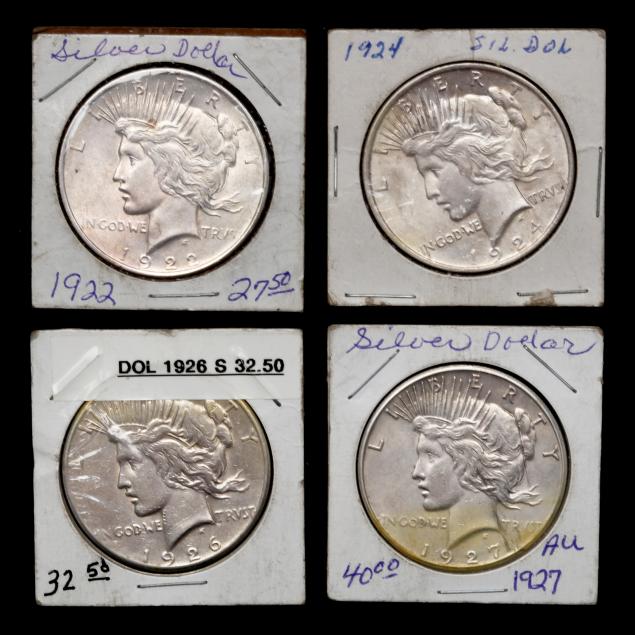 four-4-peace-silver-dollars-likely-from-a-pre-internet-dealer-s-stock