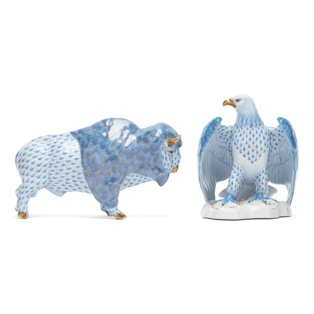 two-herend-blue-fishnet-porcelain-animals