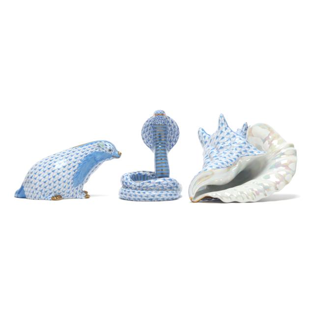 three-herend-blue-fishnet-porcelain-animals