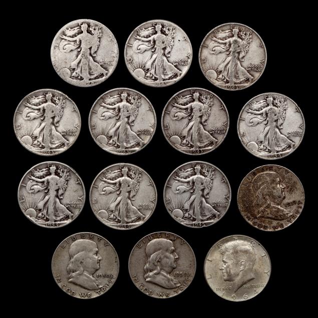 fourteen-14-vintage-90-silver-half-dollars
