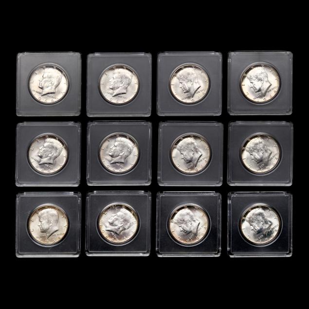 twelve-12-uncirculated-1964-kennedy-silver-half-dollars