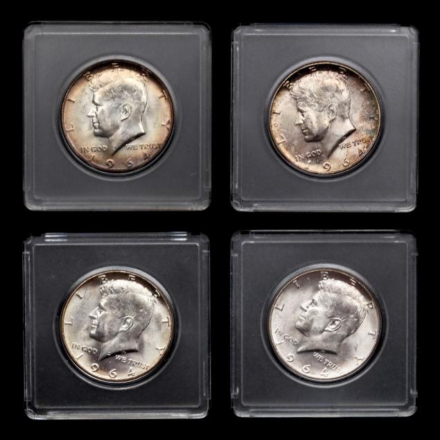 four-4-uncirculated-1964-kennedy-halves-showing-four-states-of-toning