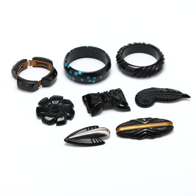 group-of-seven-vintage-composition-jewelry-items