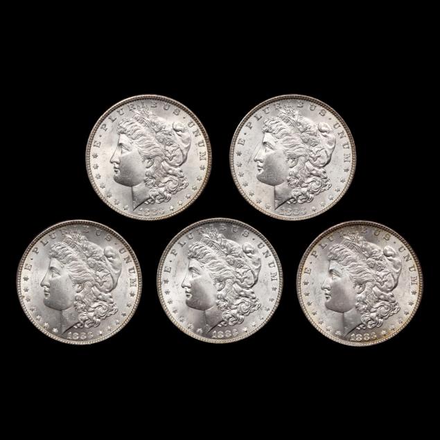 five-5-uncirculated-1883-morgan-silver-dollars