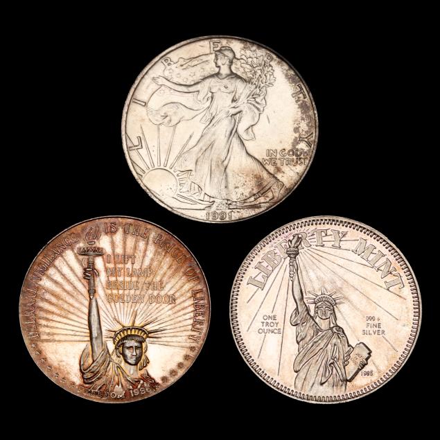 1991-american-silver-eagle-and-two-2-private-mint-silver-rounds