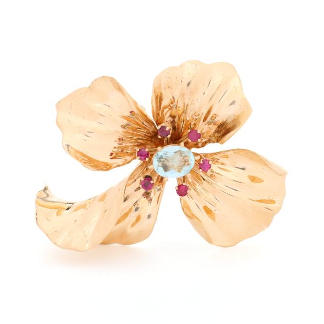 retro-gold-blue-topaz-and-ruby-flower-motif-brooch