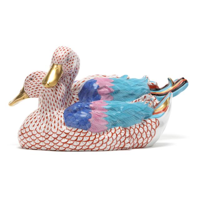 herend-large-rust-fishnet-porcelain-pair-of-ducks