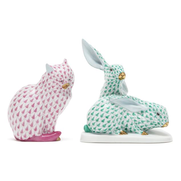 two-herend-fishnet-porcelain-animal-figurines