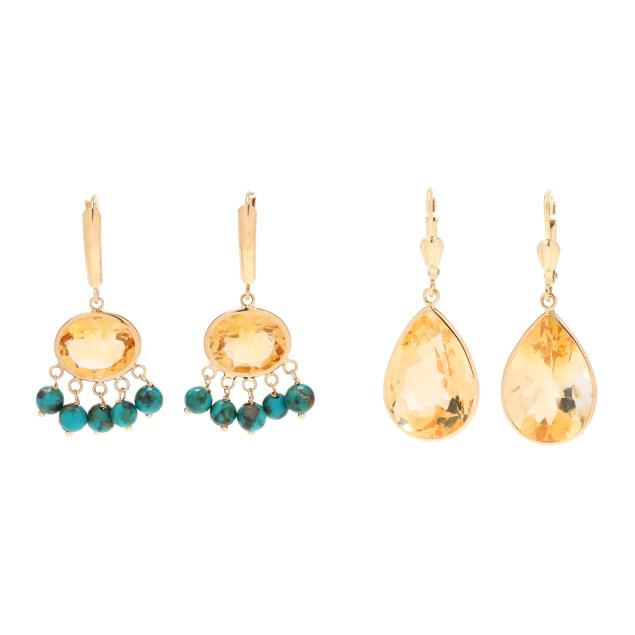 two-pairs-of-gold-and-gem-set-dangle-earrings