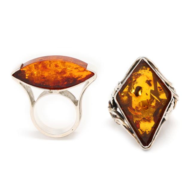 two-silver-and-amber-rings