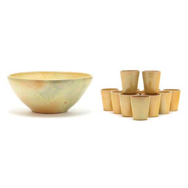 a-r-cole-pottery-nc-yellow-glazed-punch-bowl-and-cups-set-for-twelve