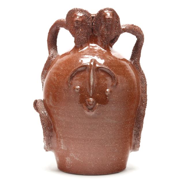 billy-ray-hussey-robbins-nc-b-1955-pottery-face-jug-with-dual-snake-handles