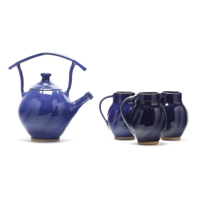 ben-owen-iii-seagrove-nc-pottery-teapot-and-three-mugs