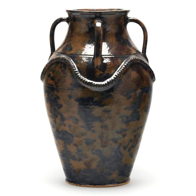 billy-ray-hussey-robbins-nc-b-1955-large-four-handled-pottery-vase-with-rope