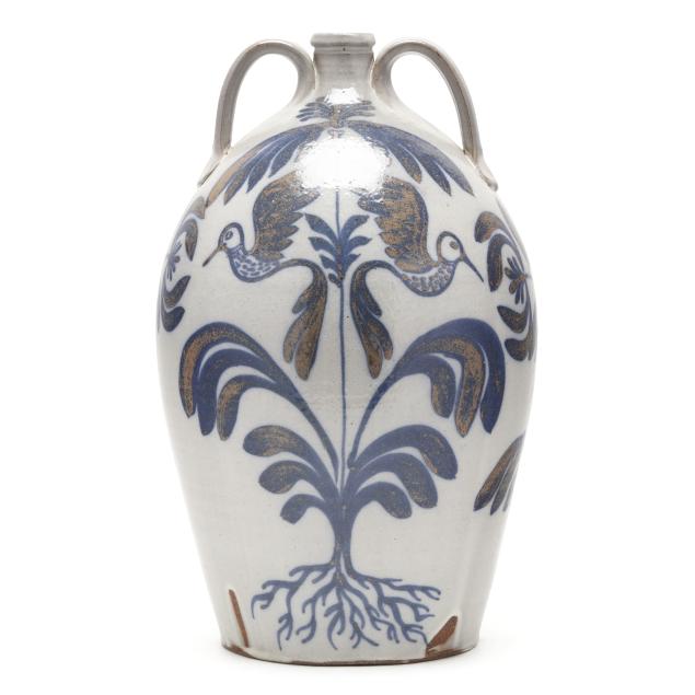 matt-jones-leister-nc-b-1971-decorated-jug-with-birds-and-frogs