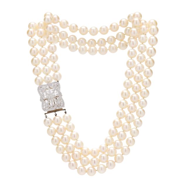 triple-strand-pearl-necklace-with-detachable-platinum-brooch-clasp