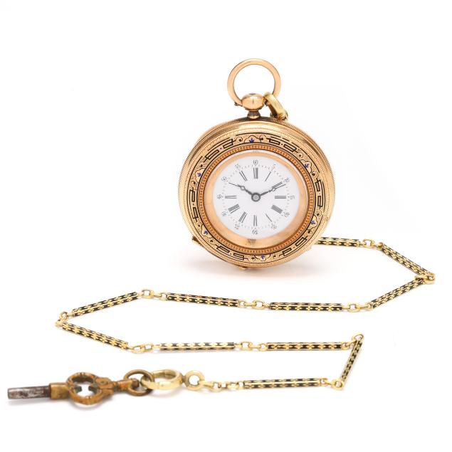 gold-and-enamel-open-face-pocket-watch-and-chain-h-montandon