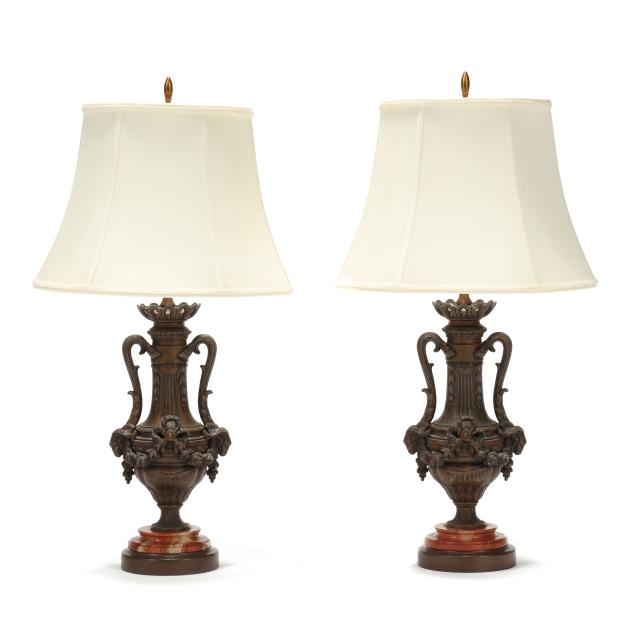 pair-of-rococo-style-metal-and-marble-table-lamps-with-shades