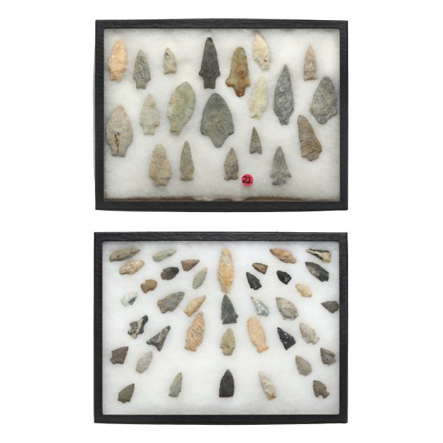 two-large-frames-of-indian-arrowheads-and-spear-points