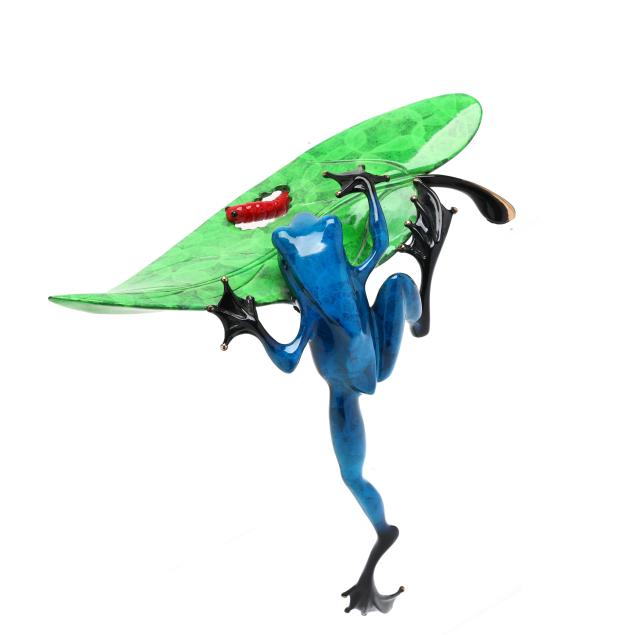 tim-cotterill-english-american-b-1950-bronze-blue-frog-on-leaf