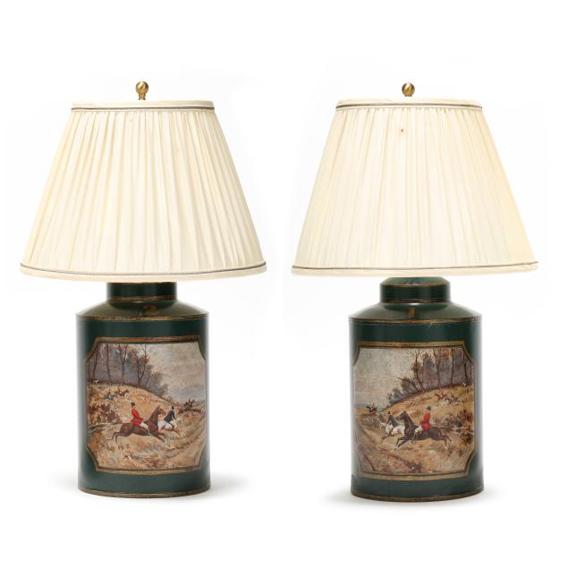 pair-of-tole-canister-table-lamps-with-equestrian-scenes