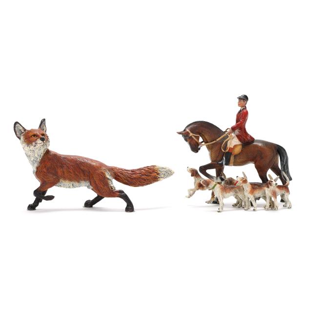 two-viennese-equestrian-and-fox-theme-bronze-cabinet-sculptures