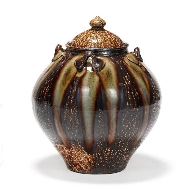 daniel-johnston-nc-b-1971-large-lidded-pottery-jar-with-four-handles