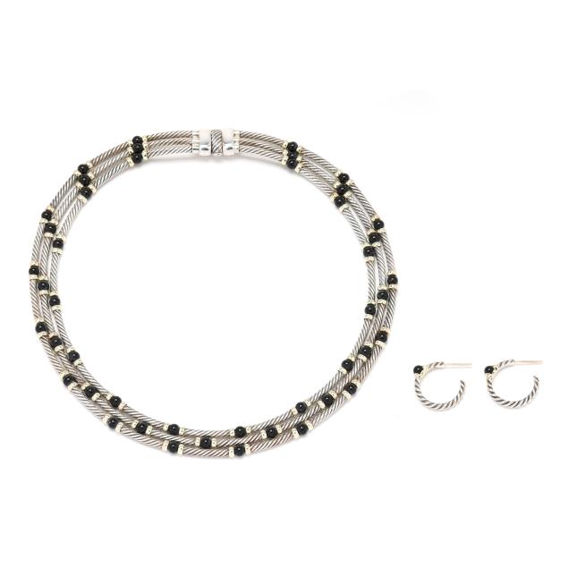 silver-gold-and-black-onyx-triple-strand-necklace-with-earrings-david-yurman