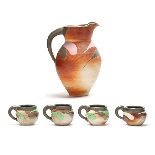 sally-bowen-prange-nc-1927-2007-stoneware-pitcher-and-four-mugs