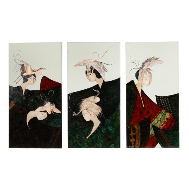 stephen-white-nc-large-triptych-women-with-crane-hats