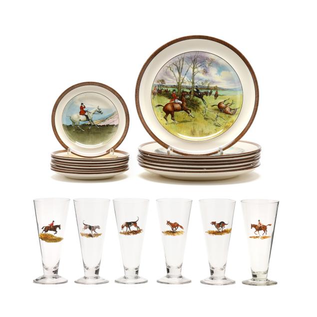 a-partial-set-of-fox-hunting-china-by-w-t-copeland-sons-and-glassware