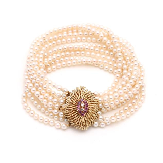 gold-and-gem-set-multi-strand-pearl-bracelet